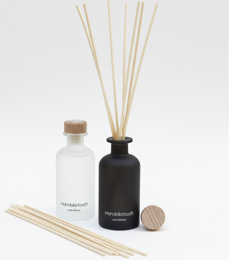 Diffuser bottle with wooden sticks on a white background